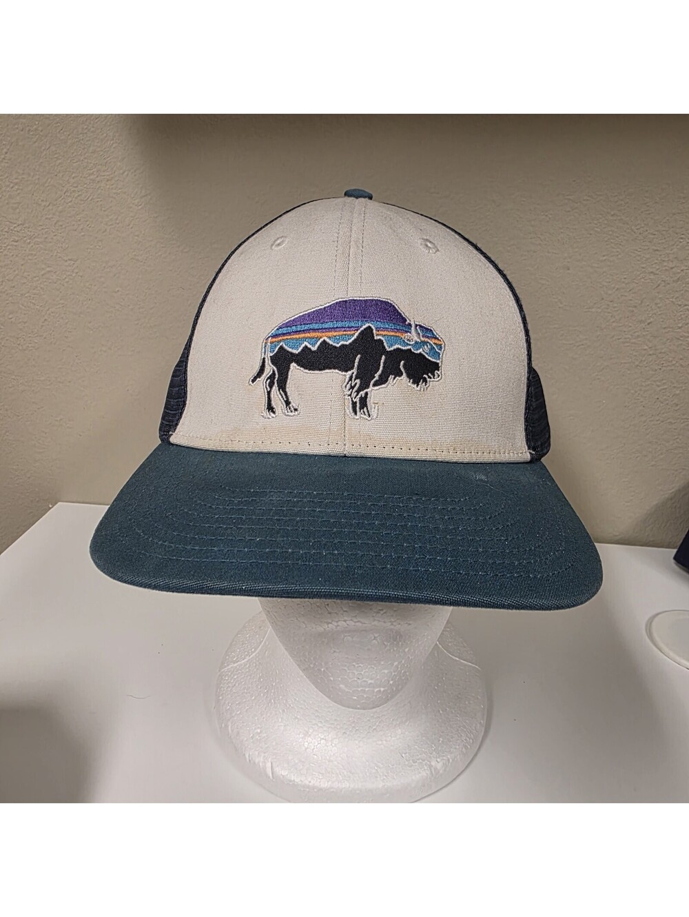 Patagonia Fitz Roy Bison Buffalo Cotton/Mesh Snapback Trucker Hat Cap Tan BLUE